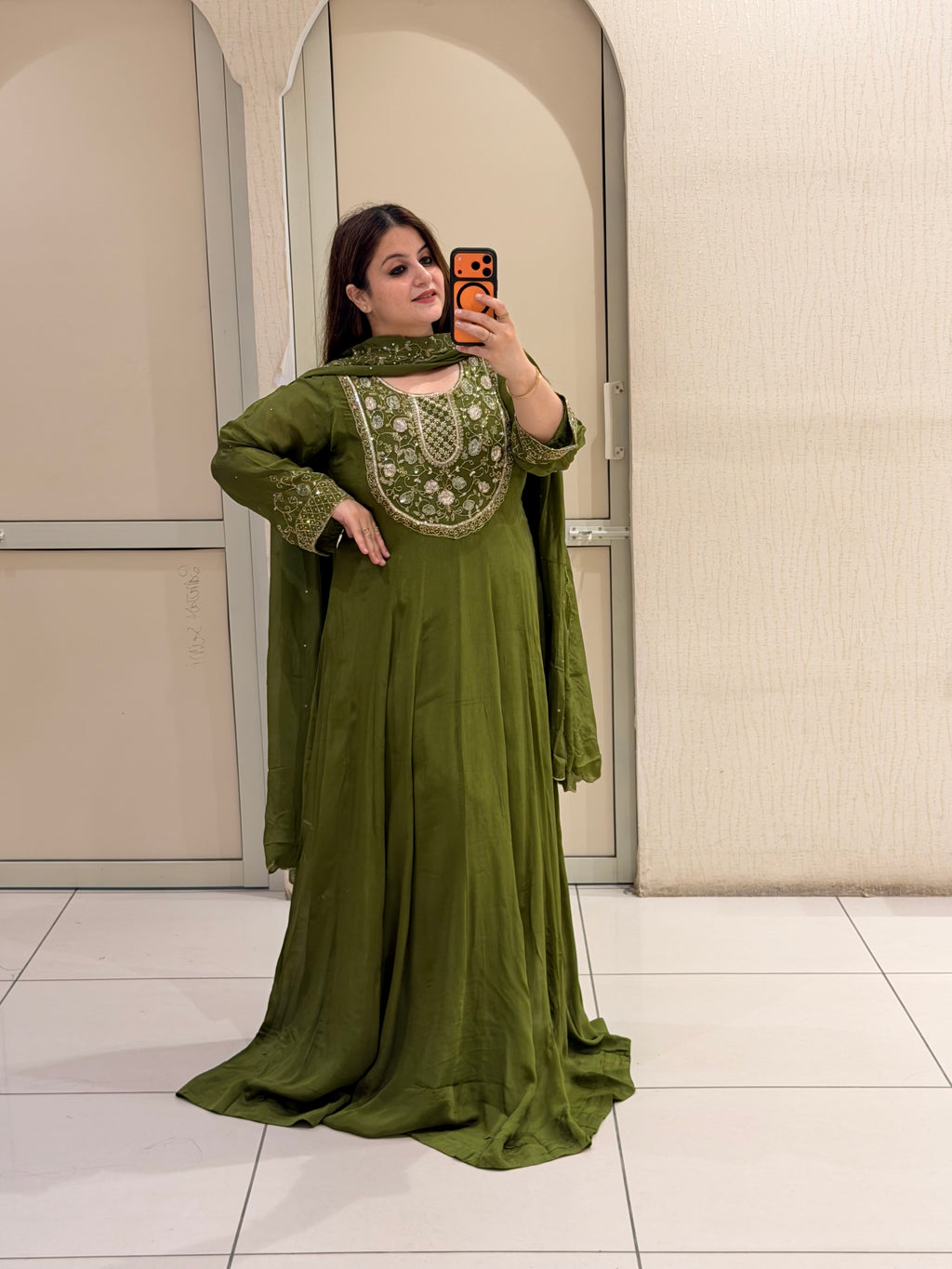 Olive Green Embroidered Handwork Anarkali Dress