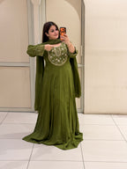 Olive Green Embroidered Handwork Anarkali Dress