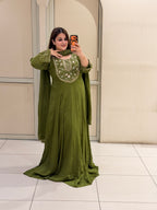 Olive Green Embroidered Handwork Anarkali Dress