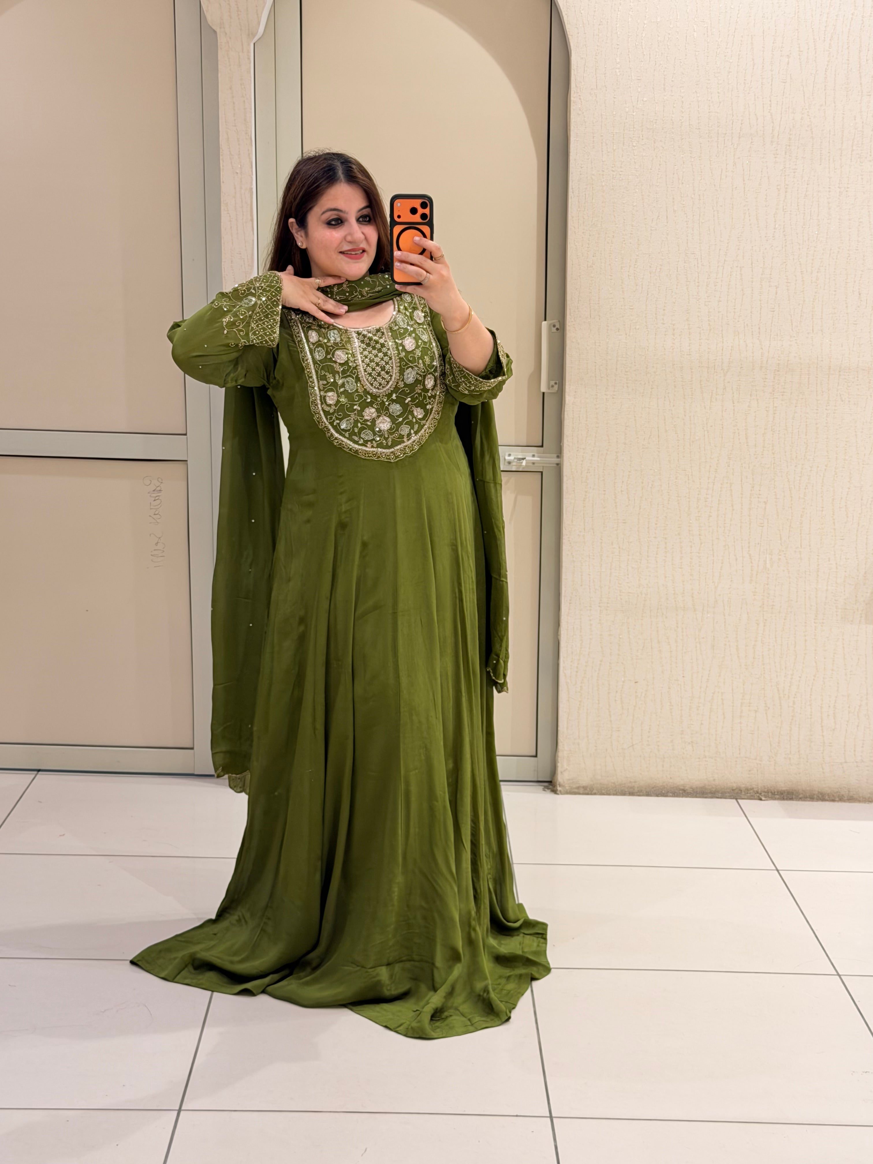 Olive Green Embroidered Handwork Anarkali Dress