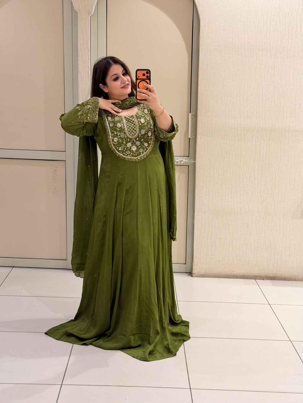Olive Green Embroidered Handwork Anarkali Dress