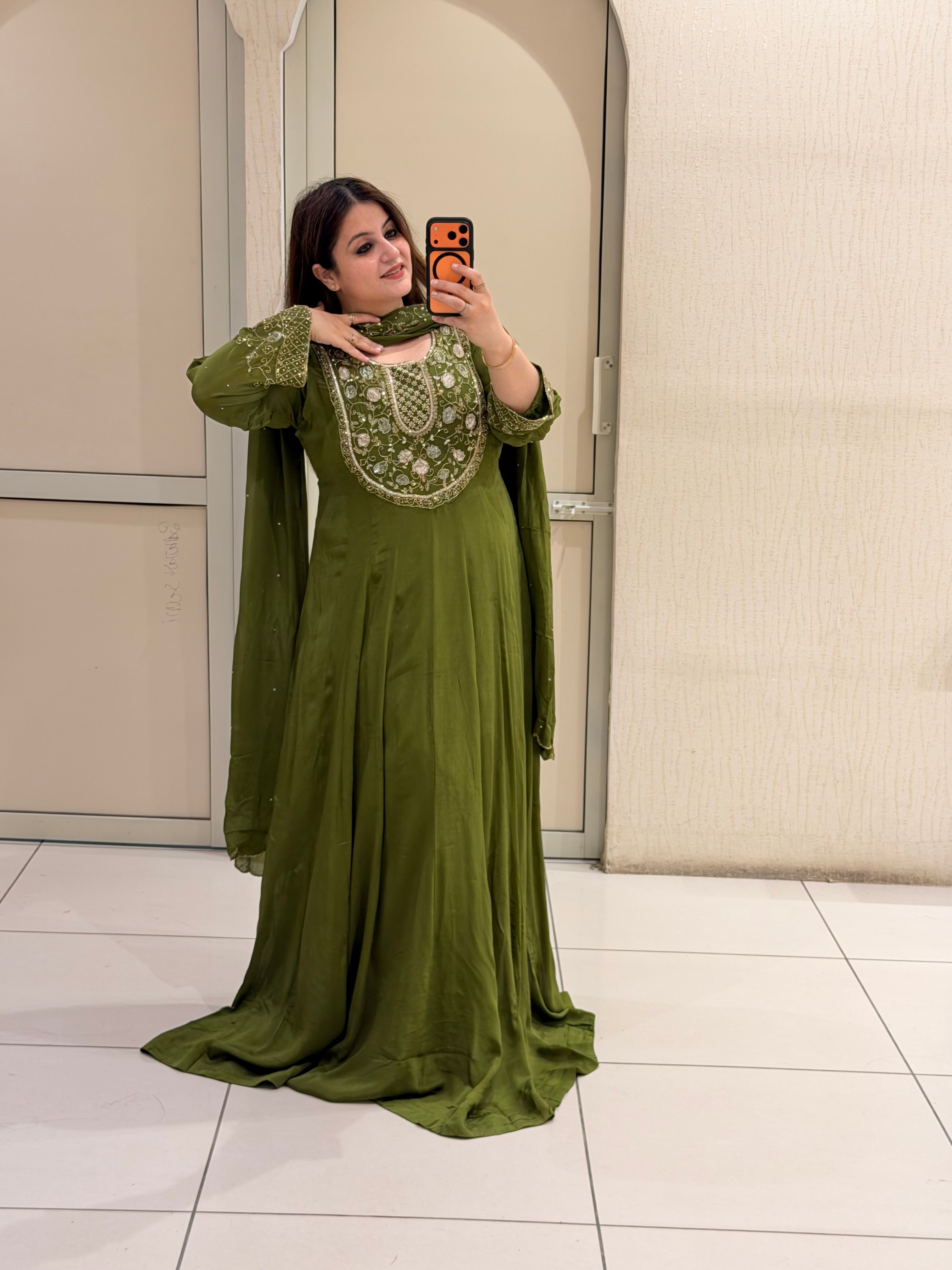 Olive Green Embroidered Handwork Anarkali Dress