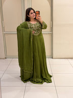 Olive Green Embroidered Handwork Anarkali Dress
