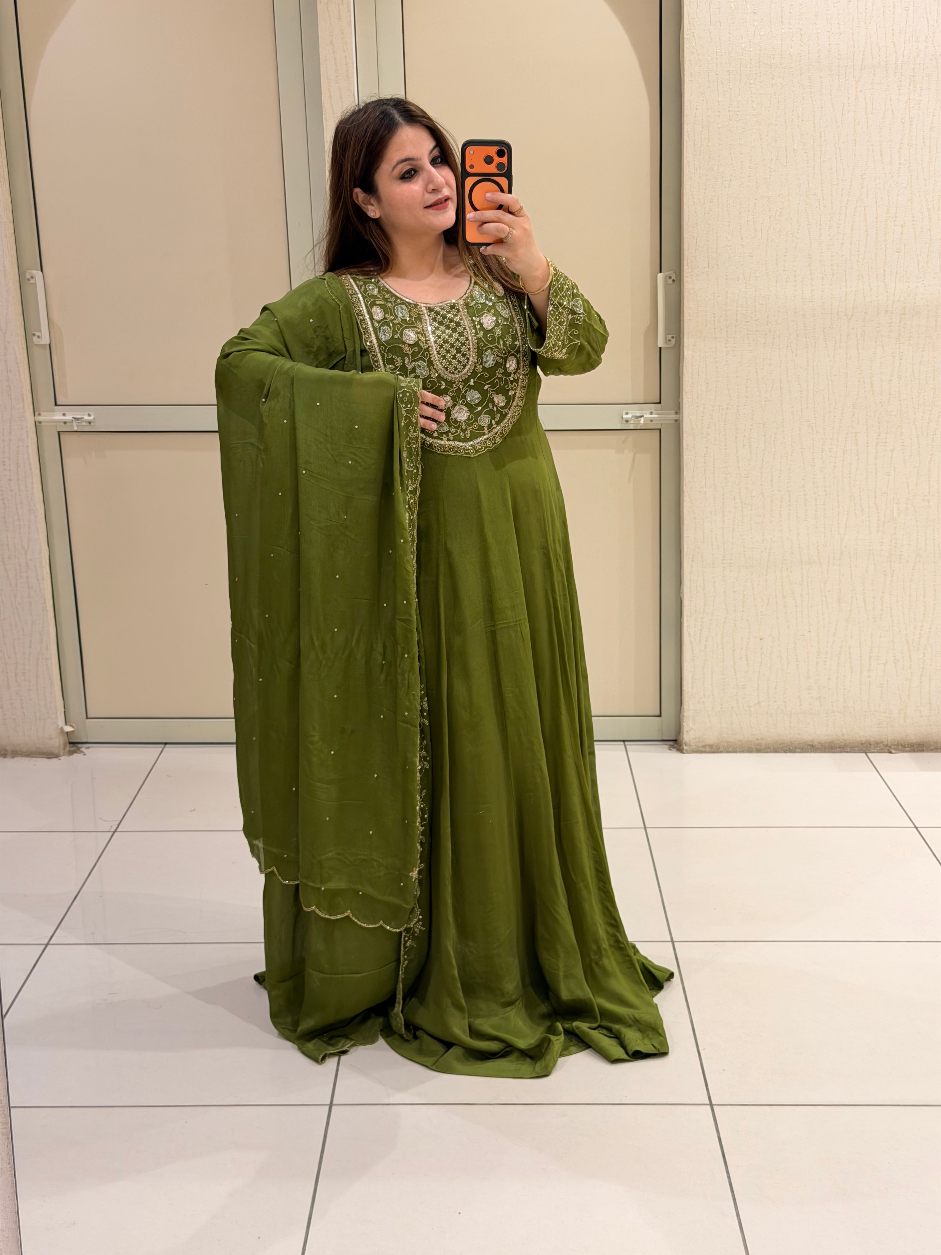 Olive Green Embroidered Handwork Anarkali Dress