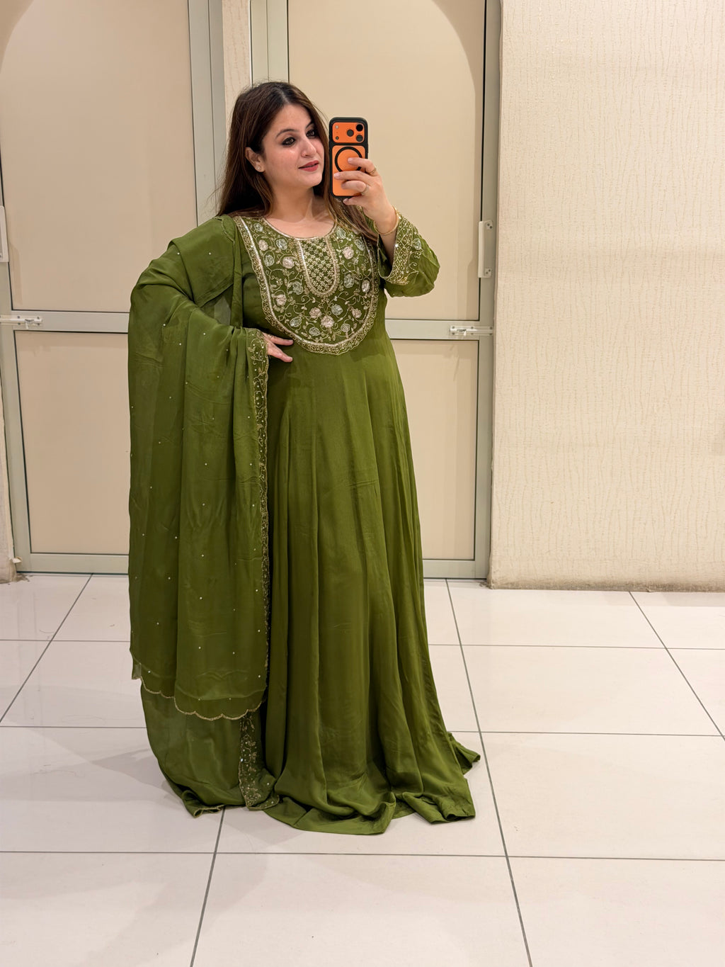 Olive Green Embroidered Handwork Anarkali Dress