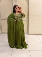 Olive Green Embroidered Handwork Anarkali Dress
