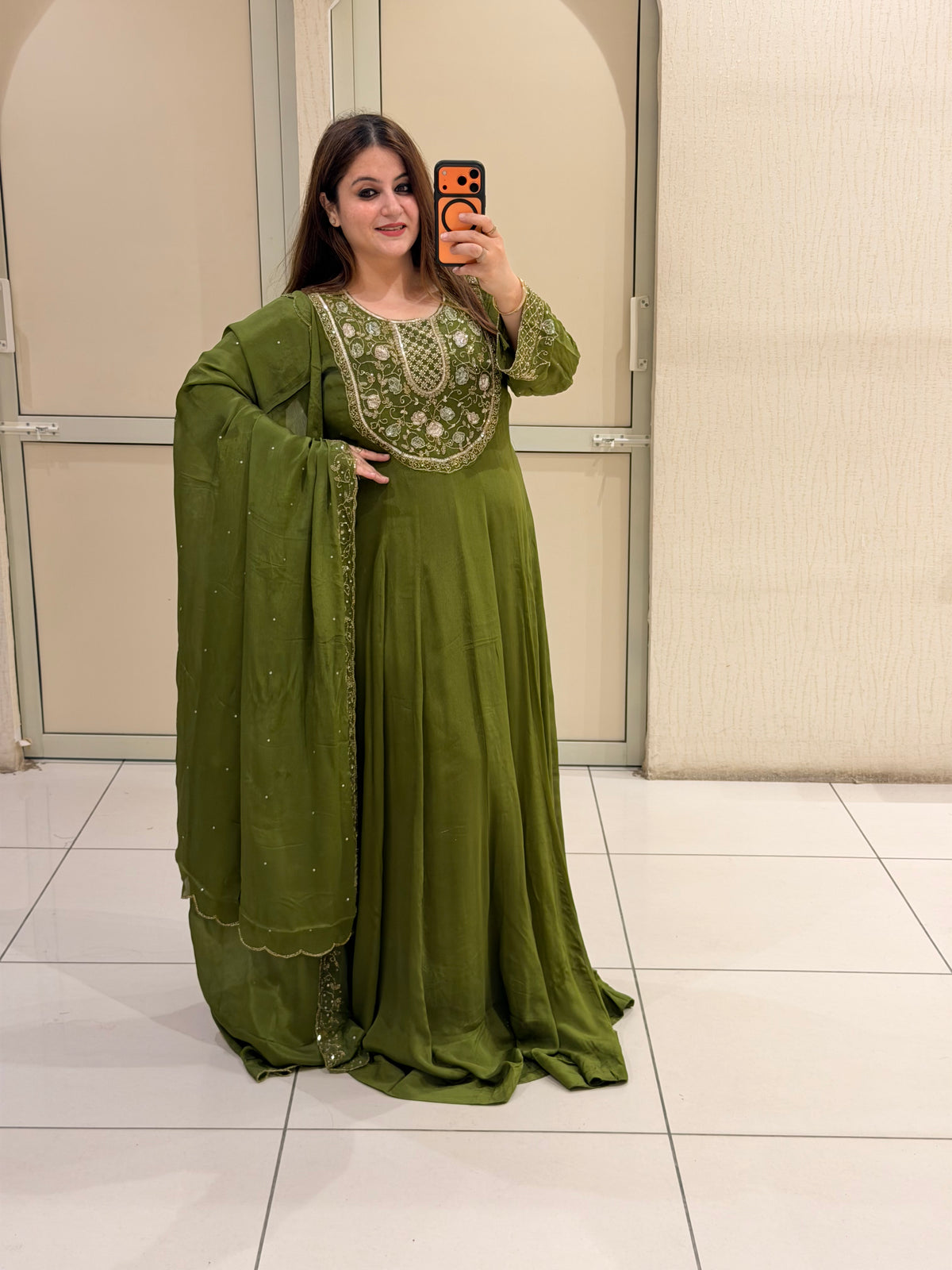 Olive Green Embroidered Handwork Anarkali Dress