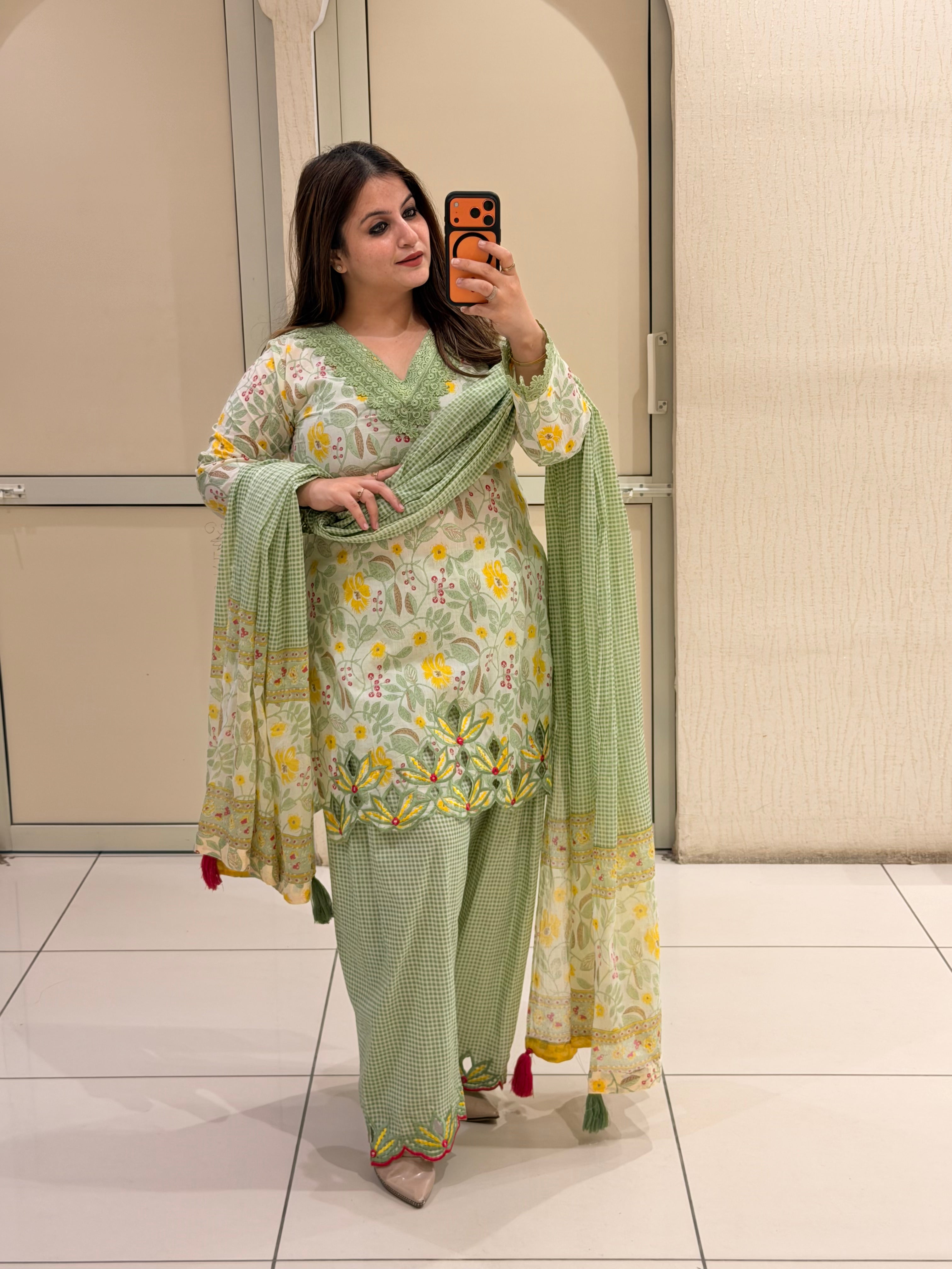 Pastel Green Floral Cutwork Farsi Suit Set
