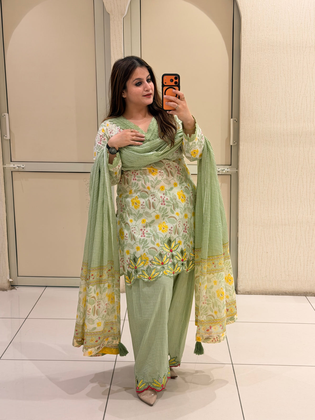 Pastel Green Floral Cutwork Farsi Suit Set