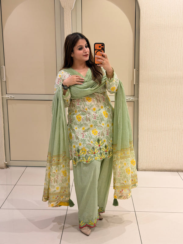 Pastel Green Floral Cutwork Farsi Suit Set