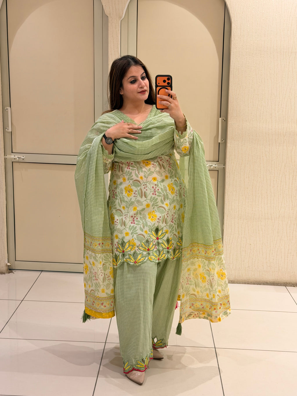 Pastel Green Floral Cutwork Farsi Suit Set