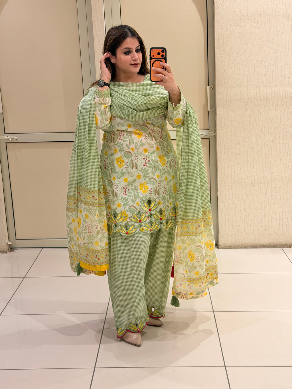 Pastel Green Floral Cutwork Farsi Suit Set