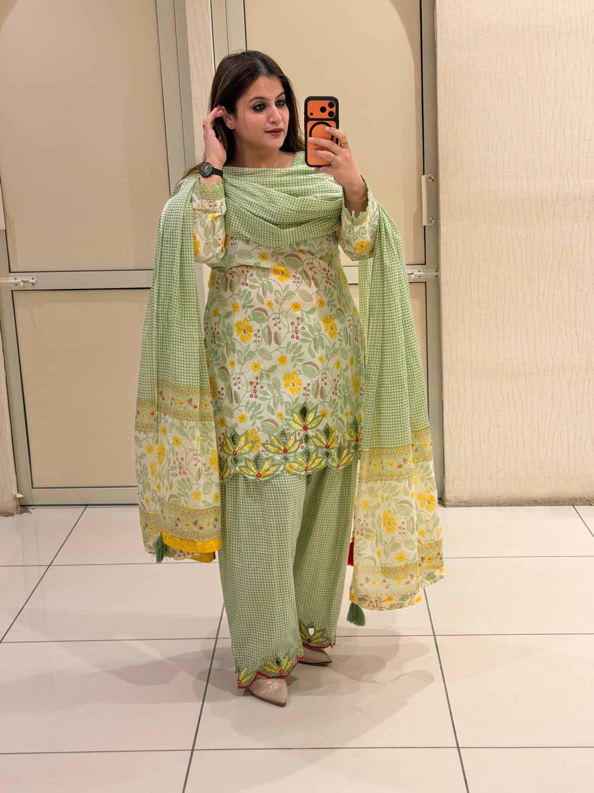 Pastel Green Floral Cutwork Farsi Suit Set