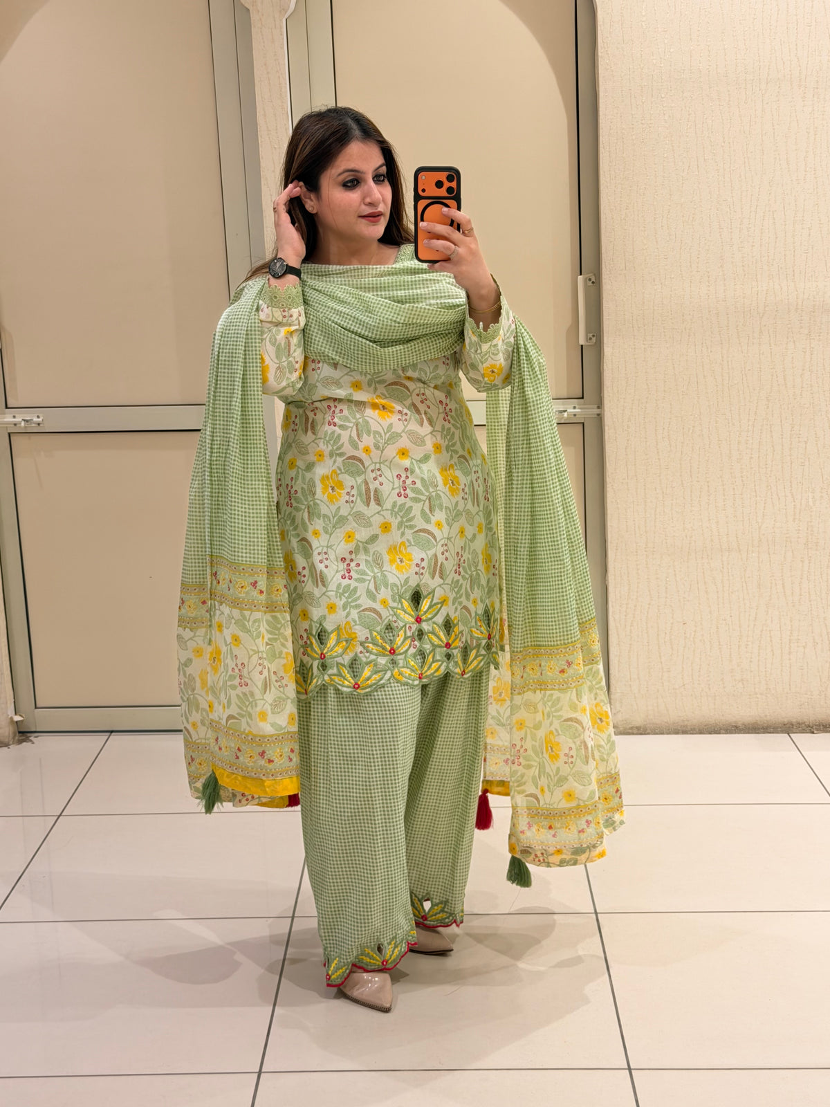 Pastel Green Floral Cutwork Farsi Suit Set