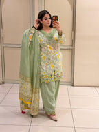 Pastel Green Floral Cutwork Farsi Suit Set