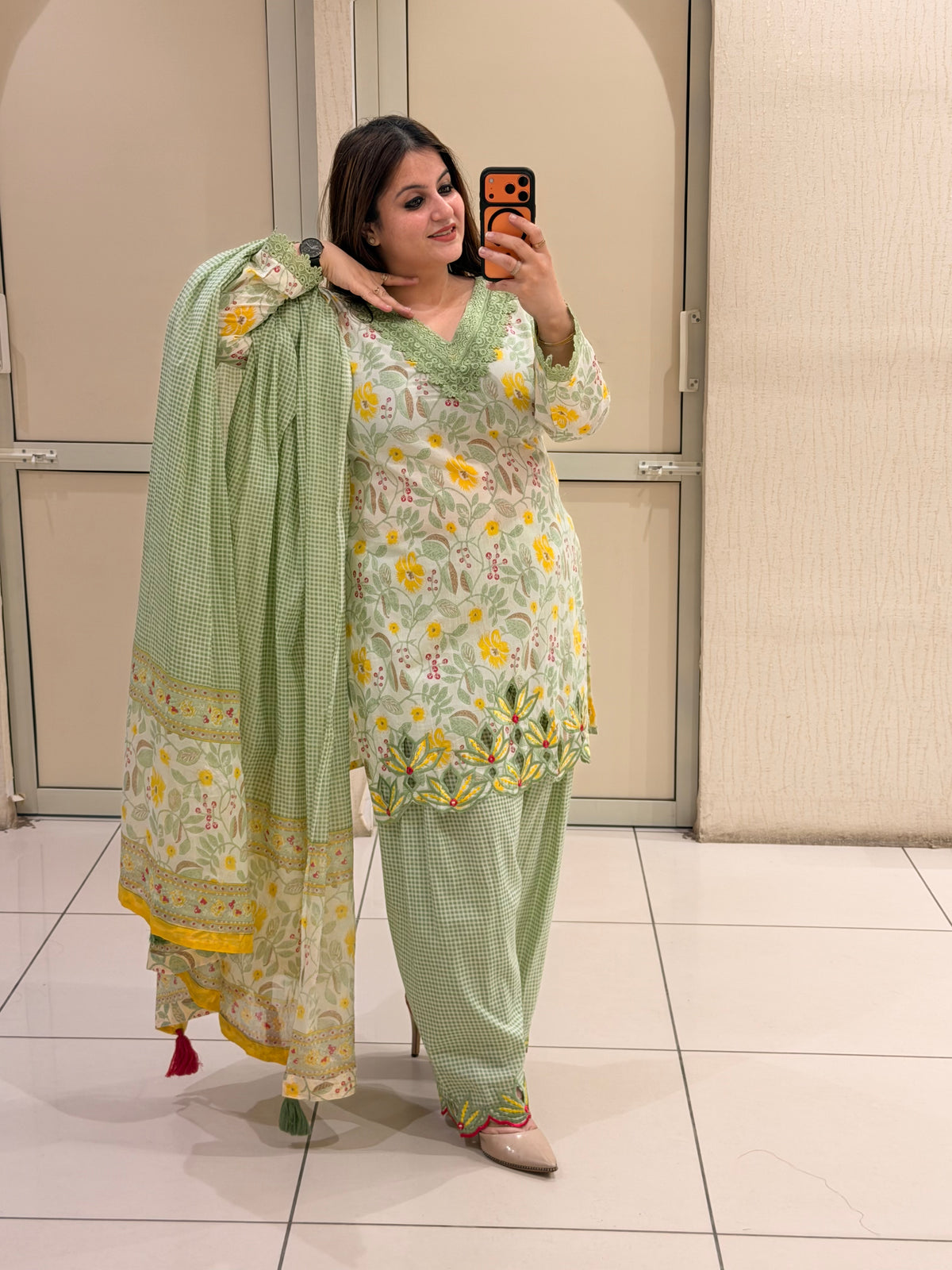 Pastel Green Floral Cutwork Farsi Suit Set