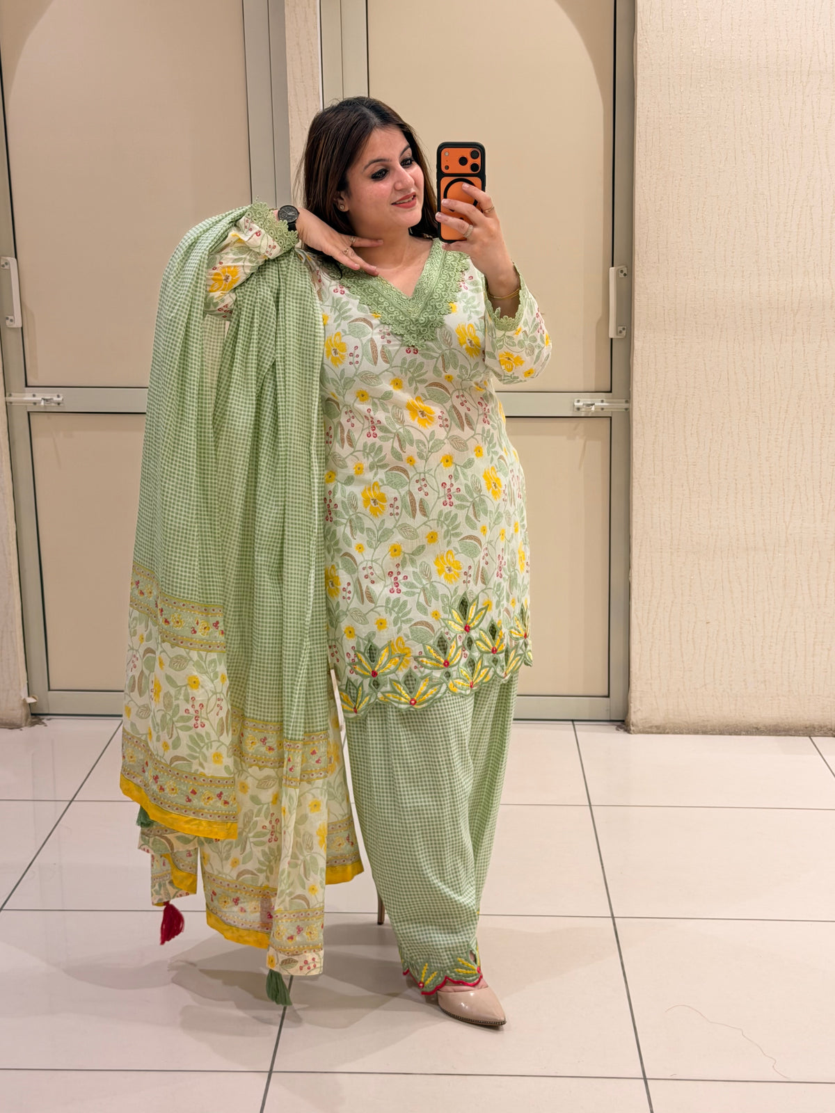 Pastel Green Floral Cutwork Farsi Suit Set