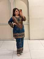 Navy Blue Printed Kurta Palazzo Set