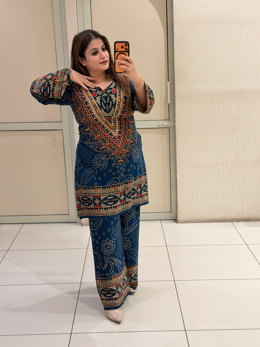 Navy Blue Printed Kurta Palazzo Set