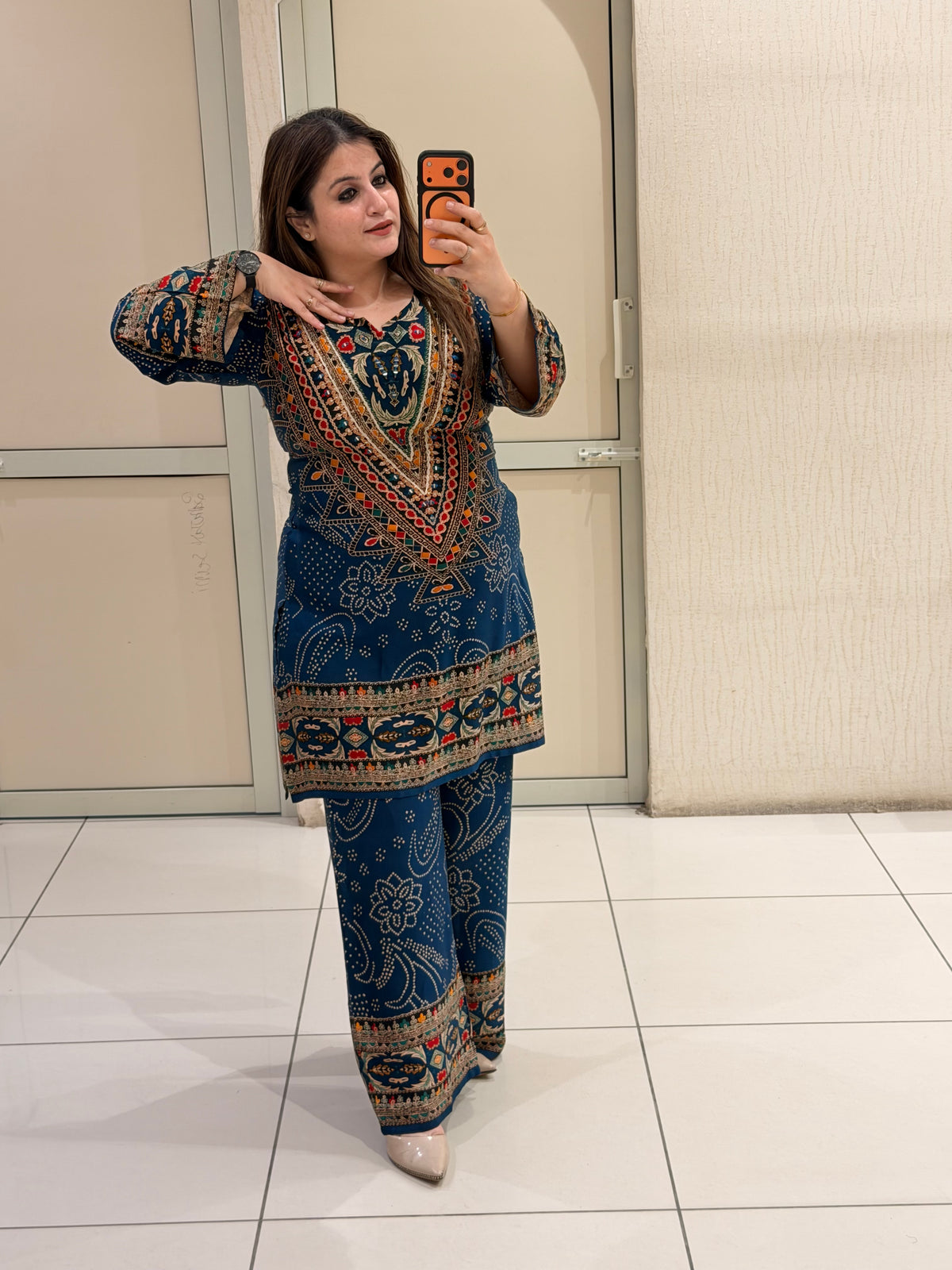 Navy Blue Printed Kurta Palazzo Set