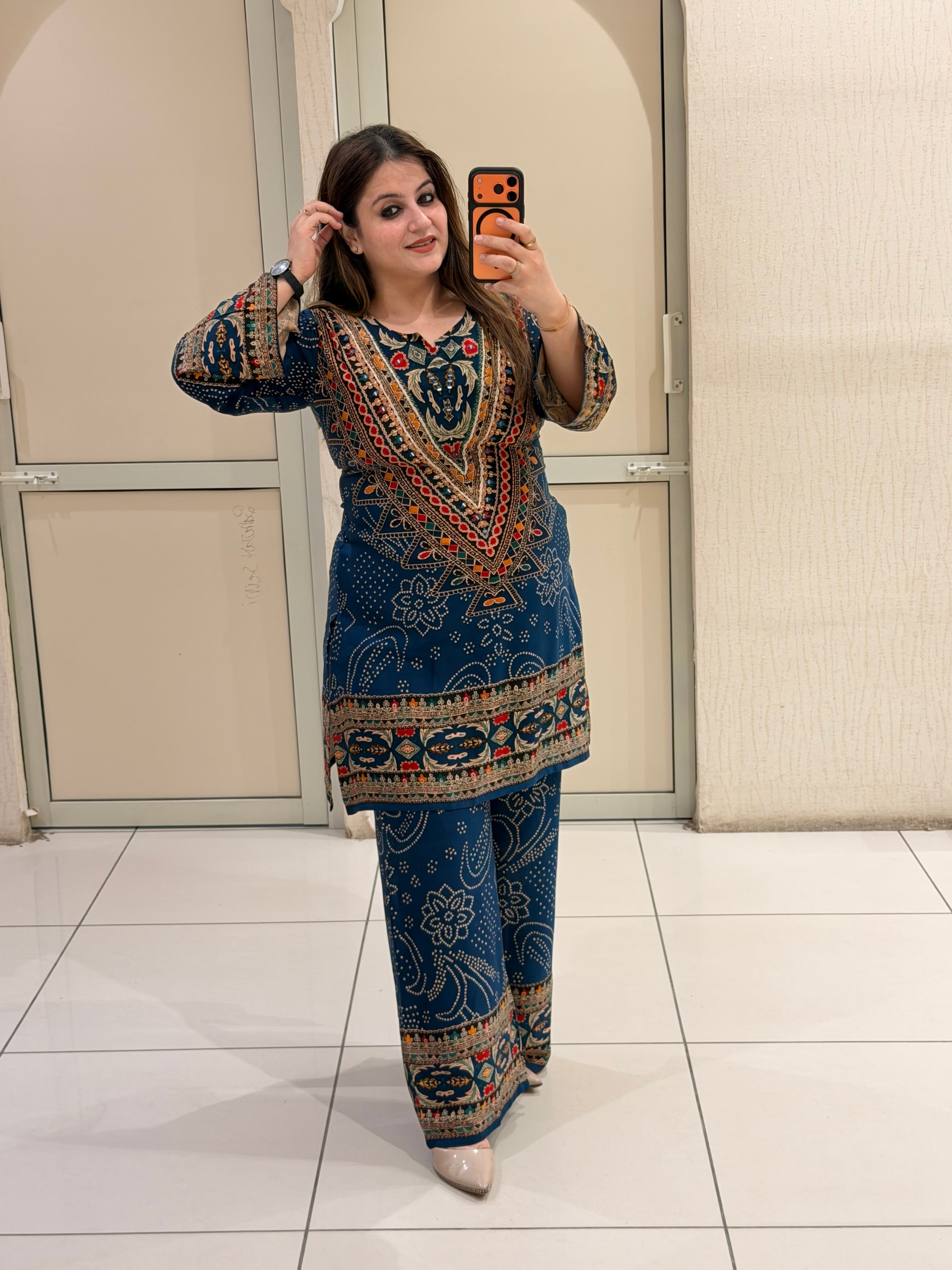 Navy Blue Printed Kurta Palazzo Set
