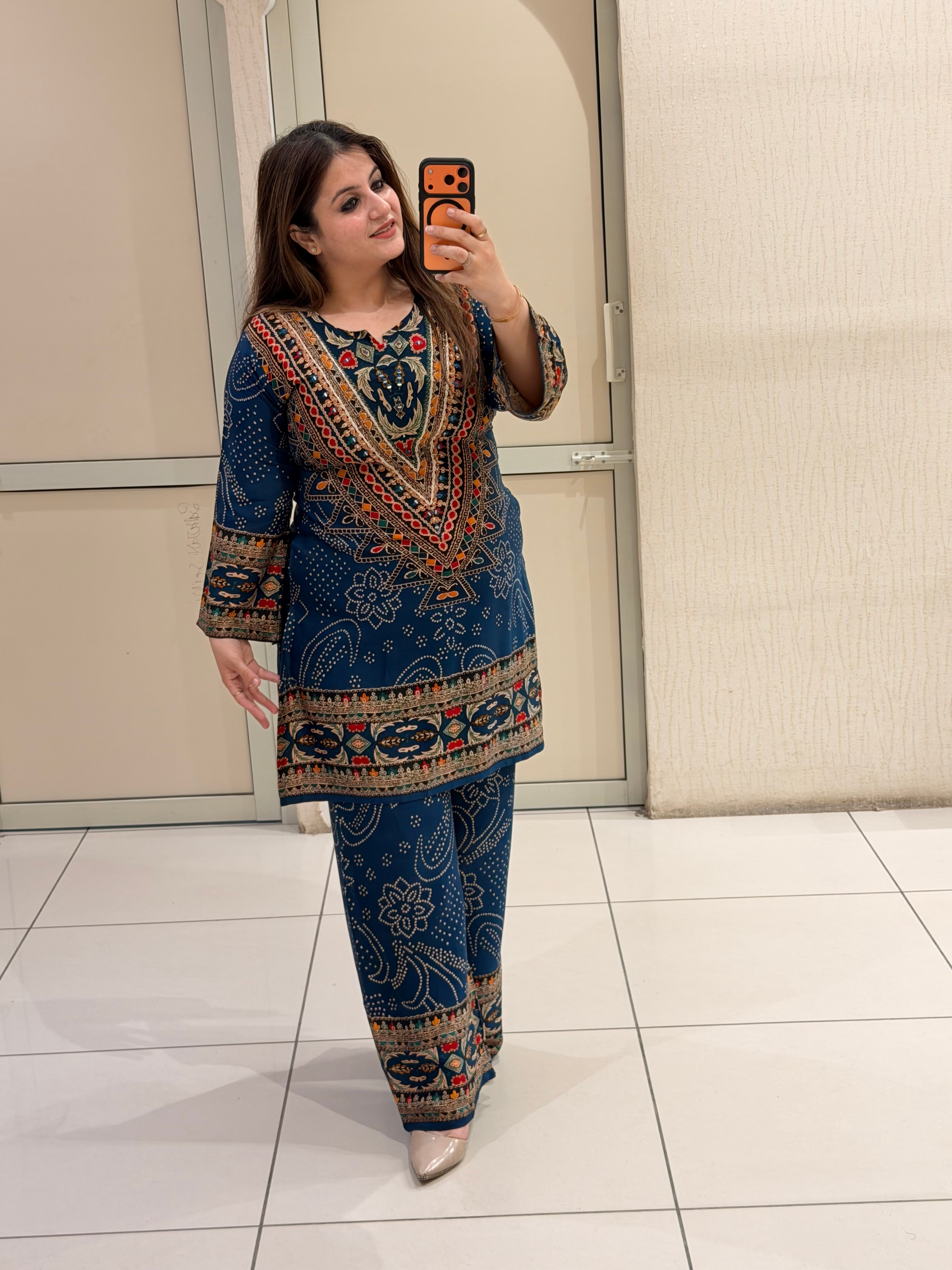 Navy Blue Printed Kurta Palazzo Set