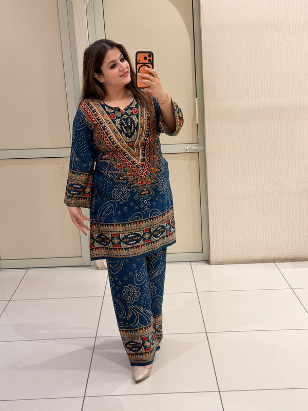 Navy Blue Printed Kurta Palazzo Set