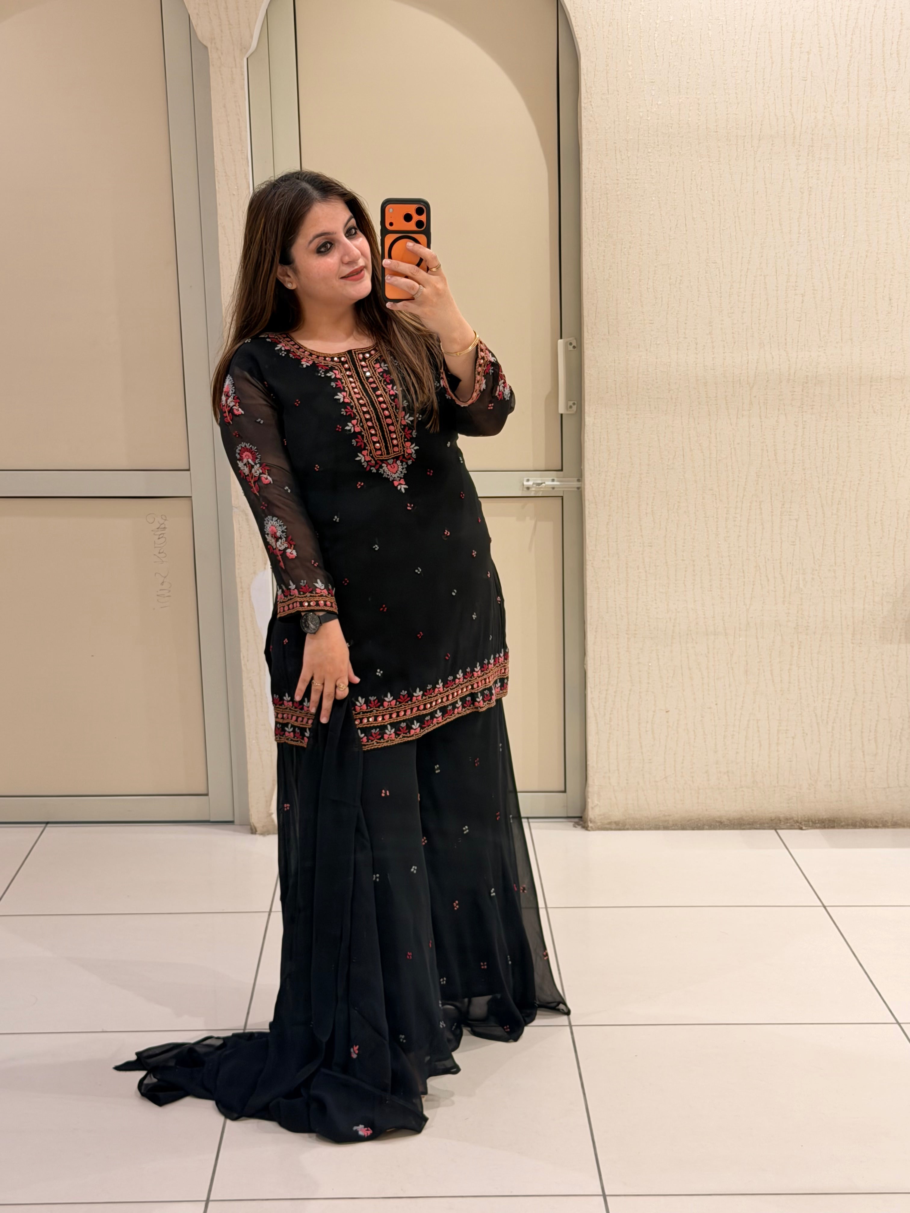 Black Pure Georgette Short Kurti & Sharara Set
