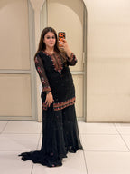 Black Pure Georgette Short Kurti & Sharara Set