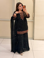Black Pure Georgette Short Kurti & Sharara Set