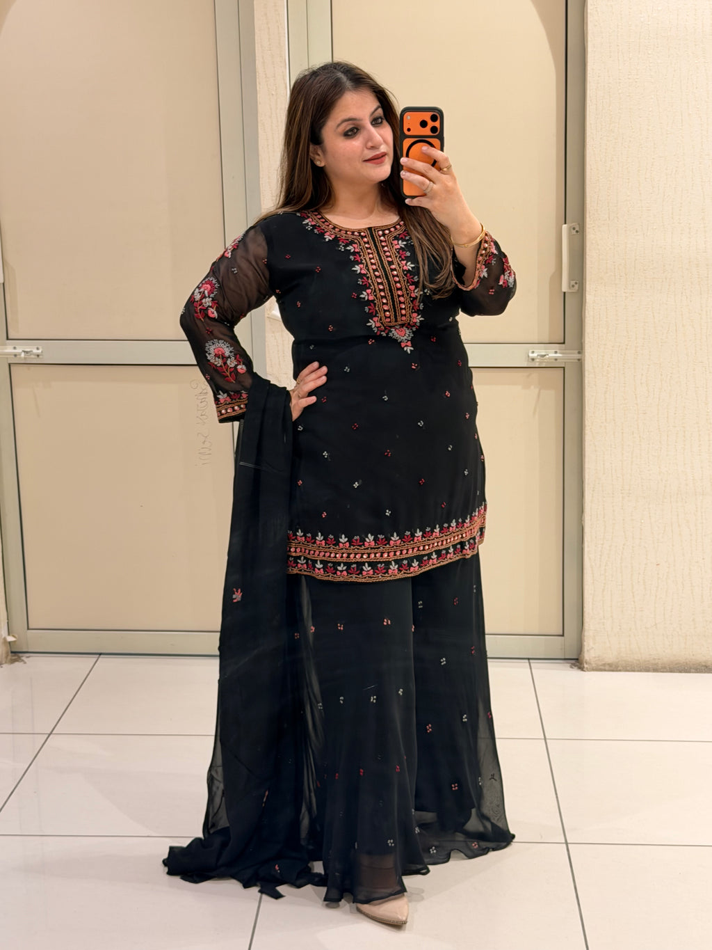 Black Pure Georgette Short Kurti & Sharara Set