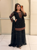 Black Pure Georgette Short Kurti & Sharara Set