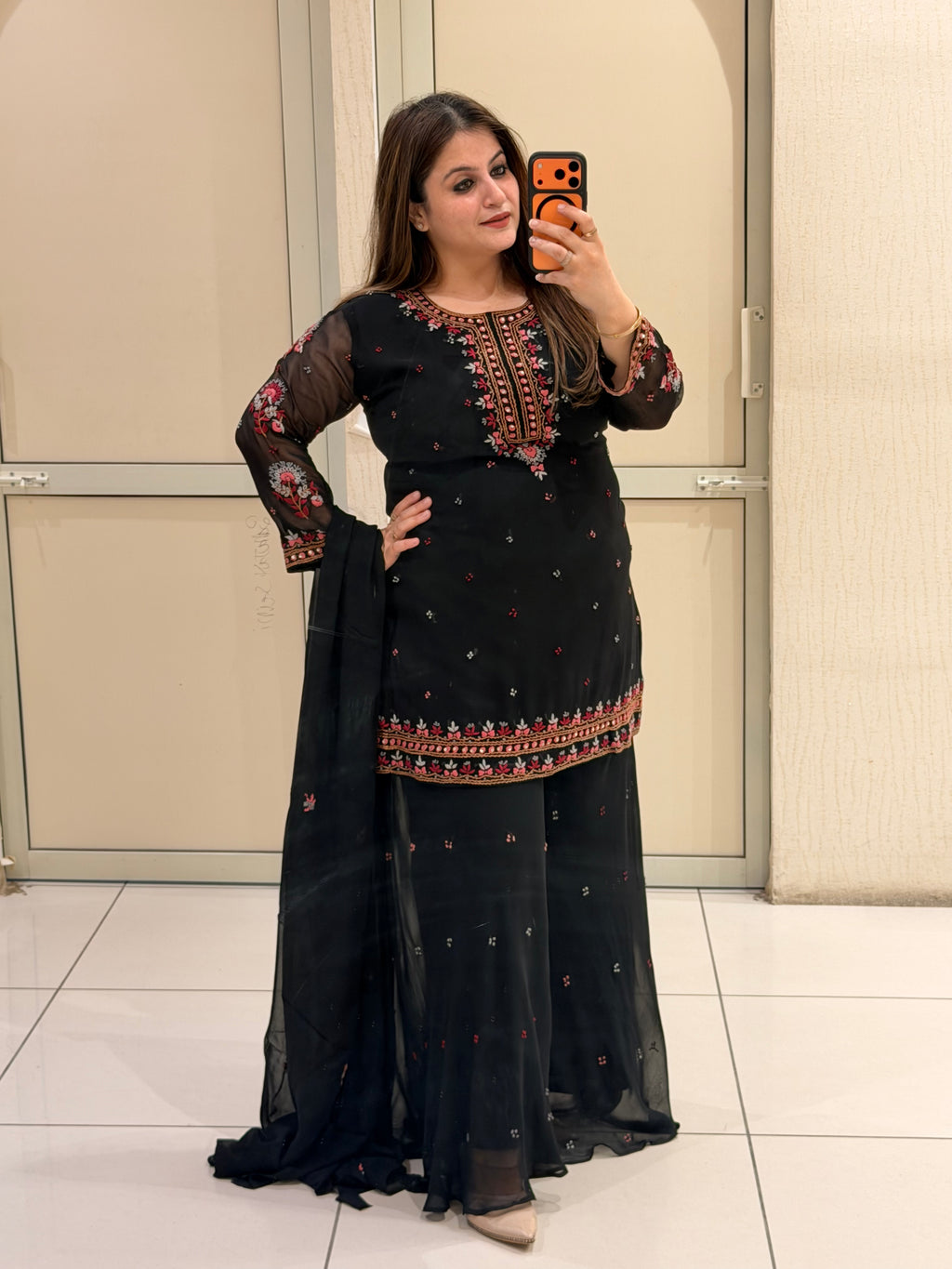 Black Pure Georgette Short Kurti & Sharara Set