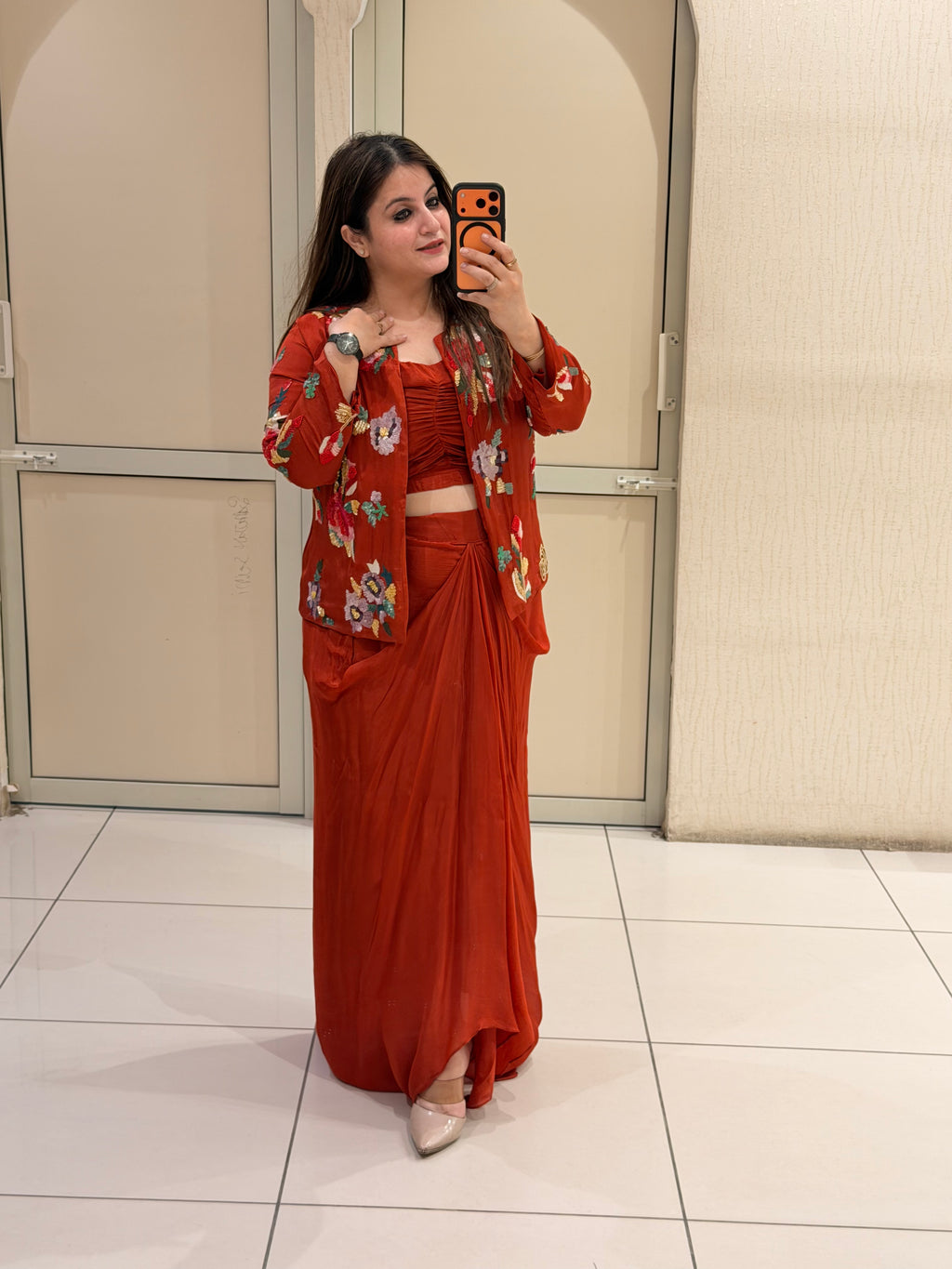 Rust Red Cowl Skirt Handwork Dress