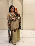 Beige Printed Crepe Suit Set