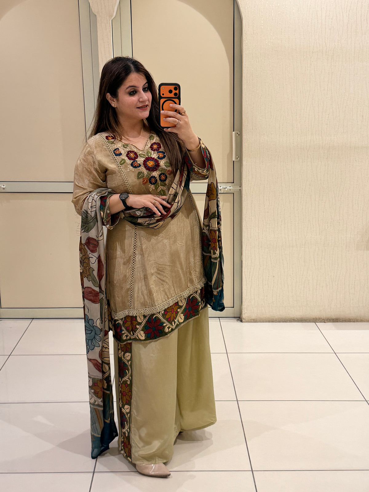 Beige Printed Crepe Suit Set