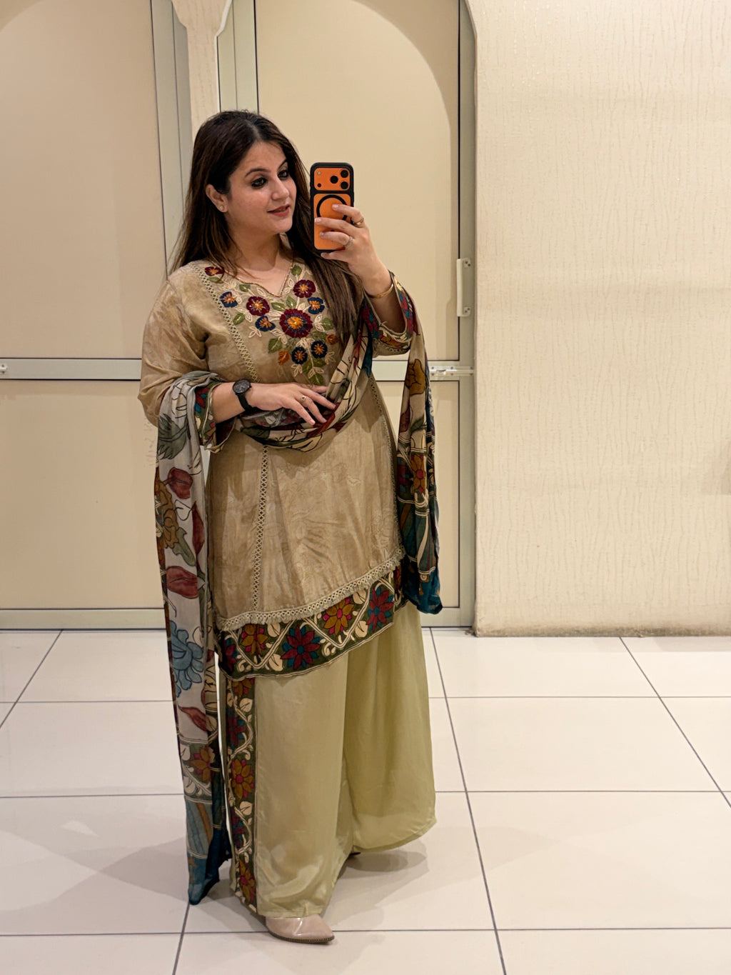 Beige Printed Crepe Suit Set