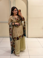 Beige Printed Crepe Suit Set
