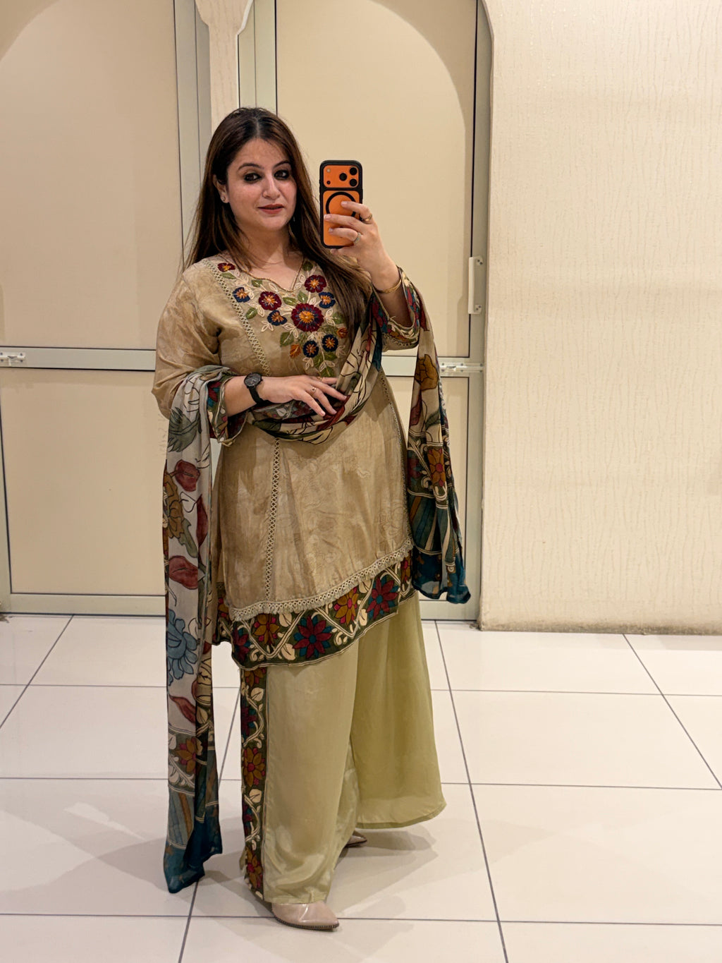 Beige Printed Crepe Suit Set
