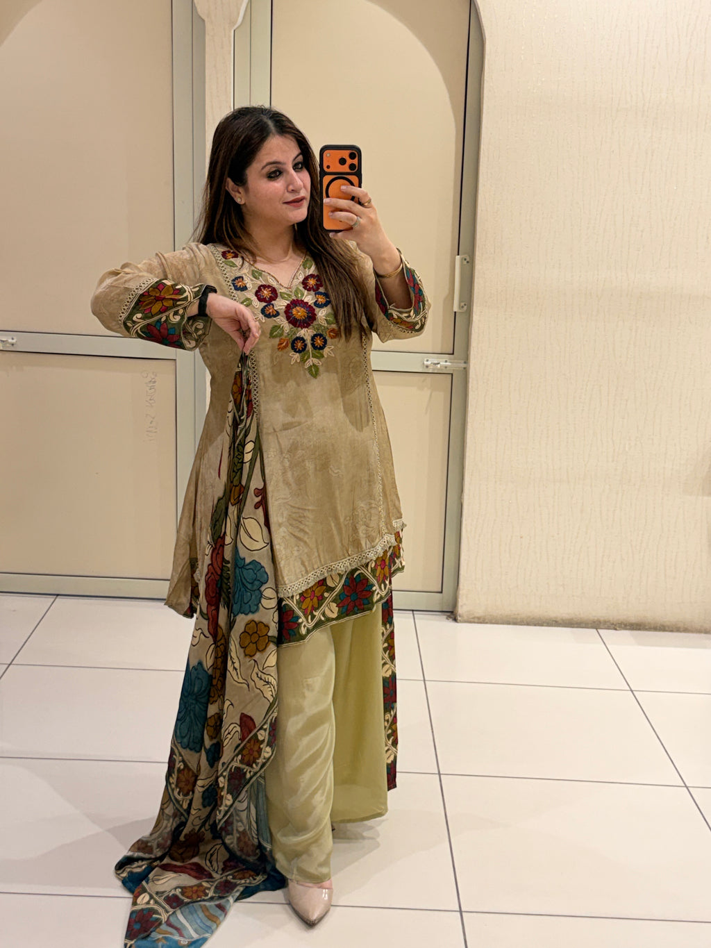 Beige Printed Crepe Suit Set
