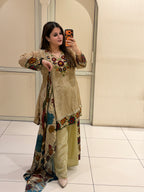 Beige Printed Crepe Suit Set