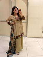 Beige Printed Crepe Suit Set