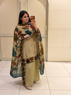 Beige Printed Crepe Suit Set