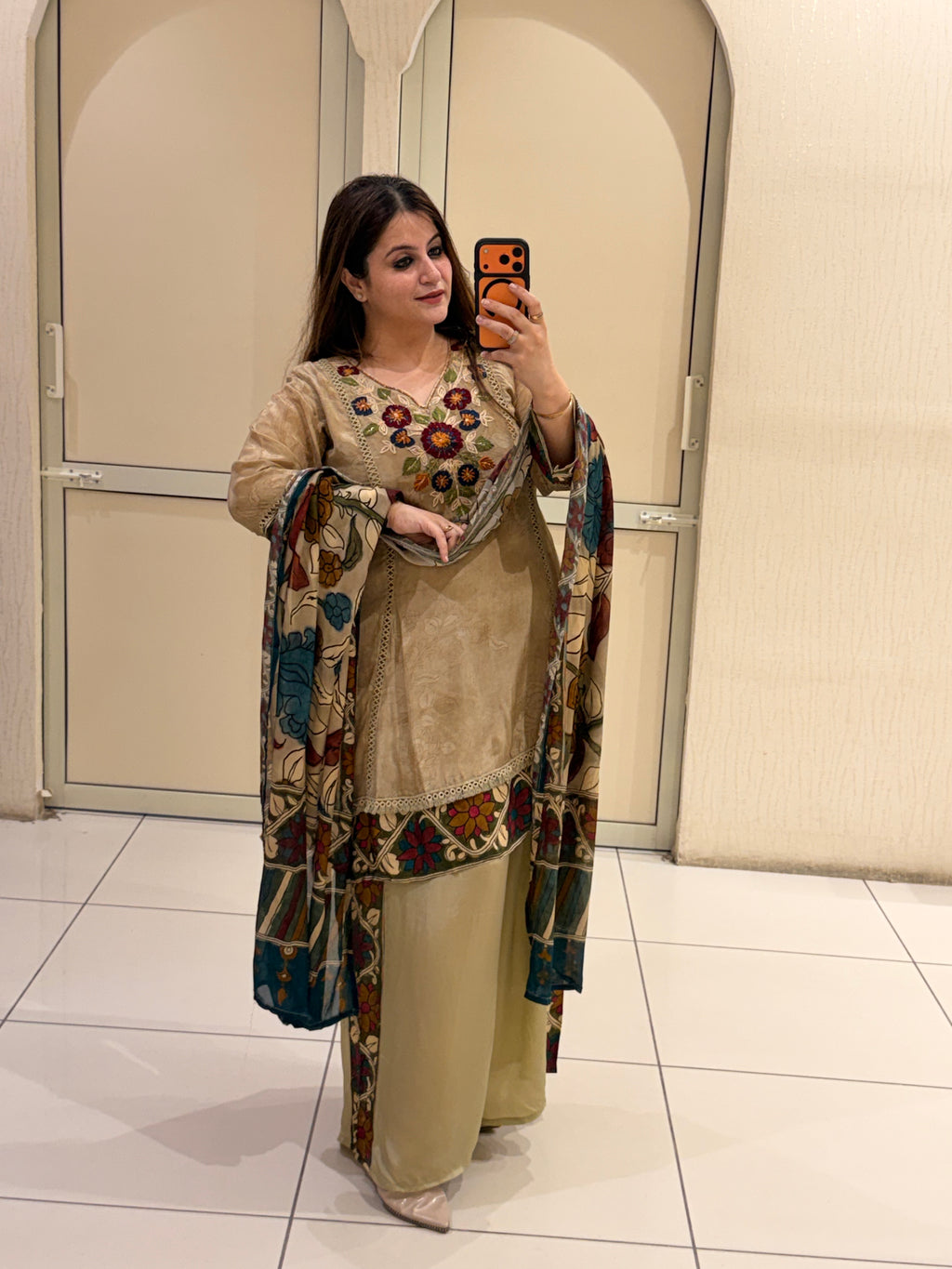 Beige Printed Crepe Suit Set
