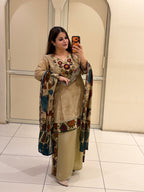 Beige Printed Crepe Suit Set