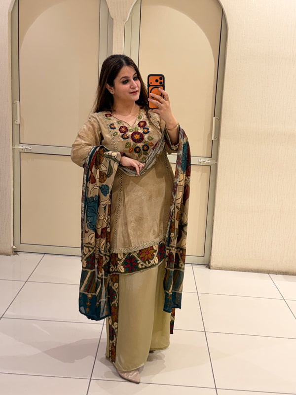 Beige Printed Crepe Suit Set