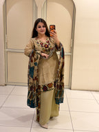 Beige Printed Crepe Suit Set