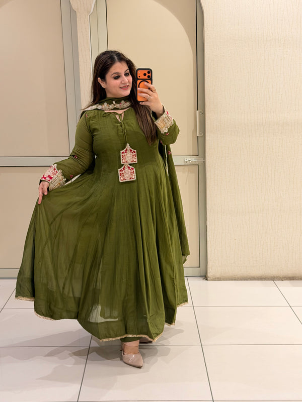 Olive Green Embroidered Anarkali Suit Set