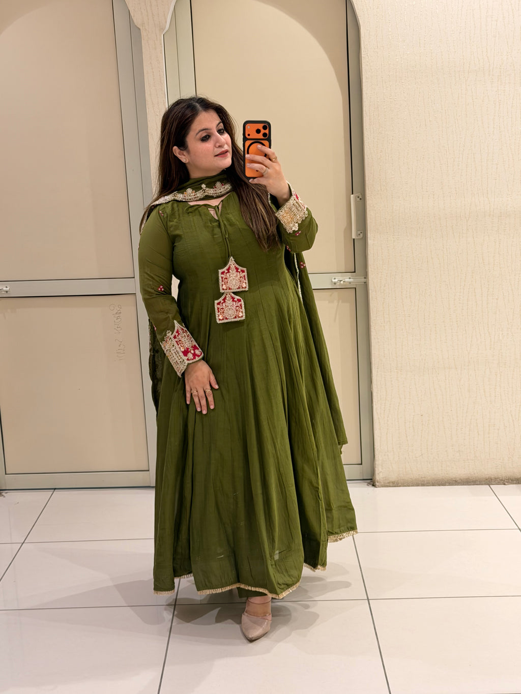 Olive Green Embroidered Anarkali Suit Set