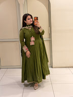 Olive Green Embroidered Anarkali Suit Set